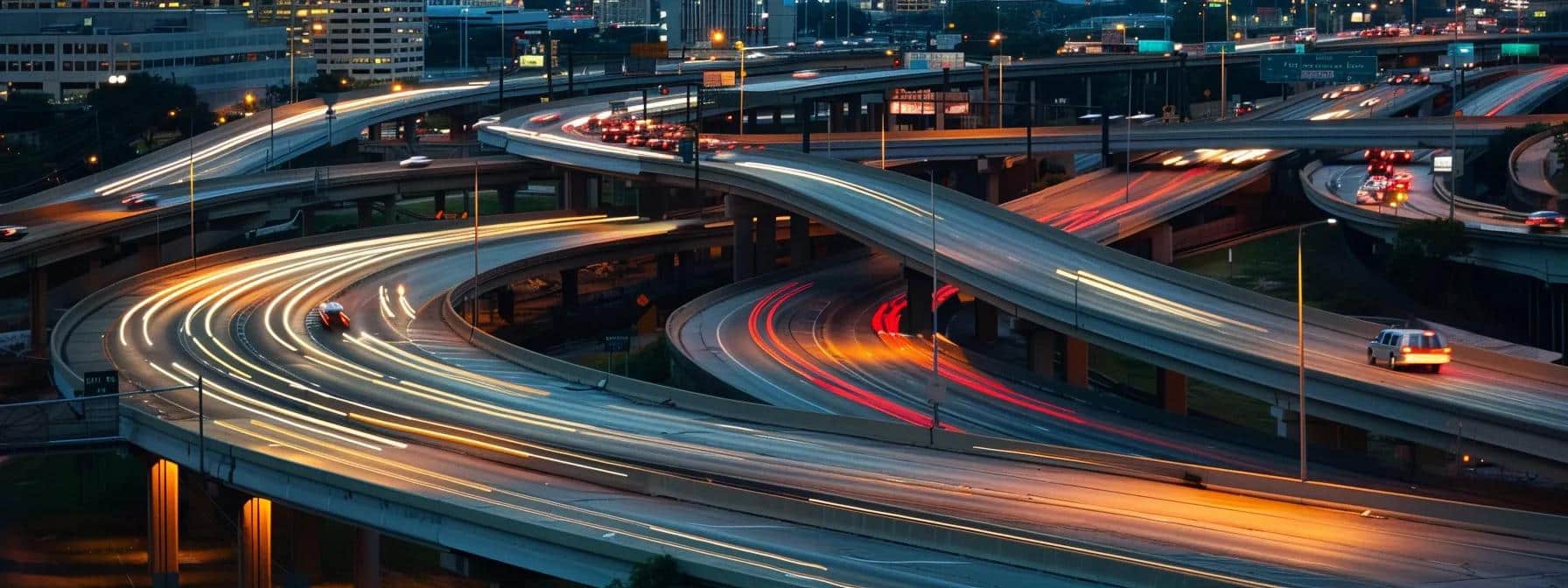 a bustling houston highway scene captures a multi-vehicle collision amid the intricate maze of overpasses and traffic signs, highlighting the chaotic environment that contributes to common car accidents in the city.