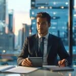 a confident personal injury lawyer stands at a sleek conference table, surrounded by legal documents and a digital tablet, engaged in a dynamic negotiation under the bright, modern lights of a high-rise office.
