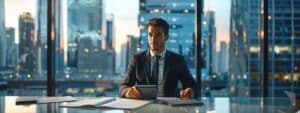 a confident personal injury lawyer stands at a sleek conference table, surrounded by legal documents and a digital tablet, engaged in a dynamic negotiation under the bright, modern lights of a high-rise office.