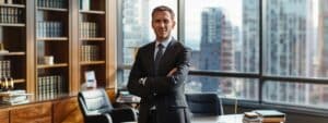 a professional car accident injury lawyer stands confidently in a modern office adorned with legal books and a cityscape view, exuding expertise and assurance as they prepare to assist clients navigating their difficult circumstances.