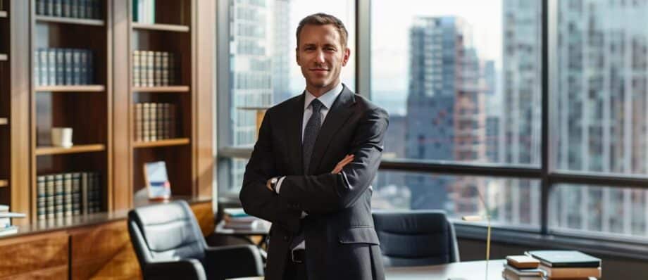 a professional car accident injury lawyer stands confidently in a modern office adorned with legal books and a cityscape view, exuding expertise and assurance as they prepare to assist clients navigating their difficult circumstances.