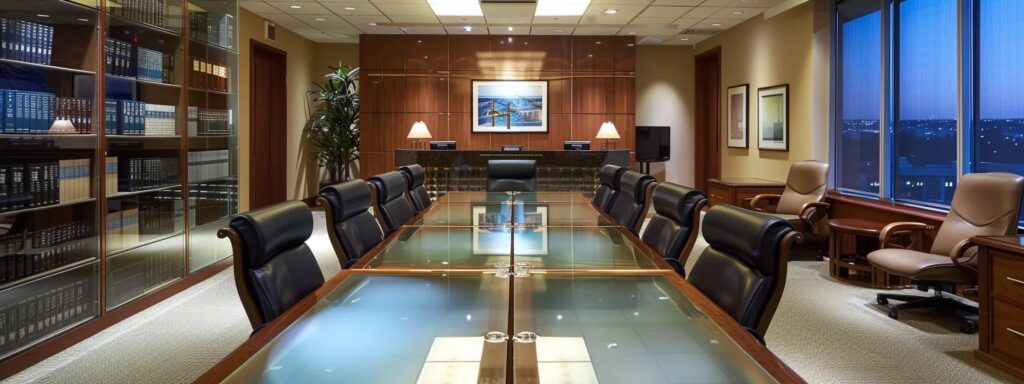 a sleek, modern law office in houston, featuring a conference room with a large glass table, filled with legal documents and accident case files, illuminated by warm, professional lighting, conveying a sense of expertise and trust in legal aid resources.