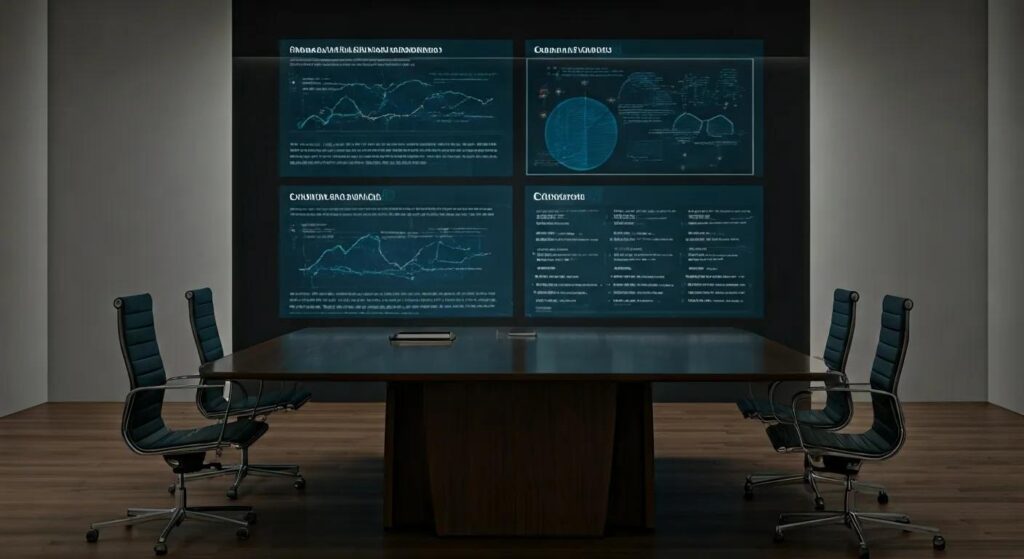 a sleek modern office interior features a polished conference table surrounded by high-backed chairs, with a large digital screen displaying a detailed infographic on personal injury case evaluations, emphasizing professionalism and urgency in a legal consultation setting.