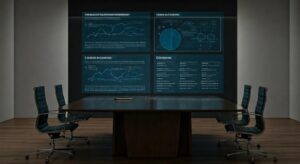 a sleek modern office interior features a polished conference table surrounded by high-backed chairs, with a large digital screen displaying a detailed infographic on personal injury case evaluations, emphasizing professionalism and urgency in a legal consultation setting.