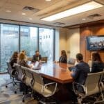 a sophisticated law office conference room, featuring an engaged client sharing their positive experience with a personal injury lawyer, accented by a backdrop of polished wood furniture and subtle, modern decor.