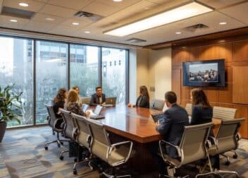 a sophisticated law office conference room, featuring an engaged client sharing their positive experience with a personal injury lawyer, accented by a backdrop of polished wood furniture and subtle, modern decor.