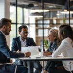 Diverse lawyers consulting with clients in a modern office, representing legal services in Los Angeles