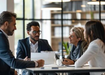 Diverse lawyers consulting with clients in a modern office, representing legal services in Los Angeles