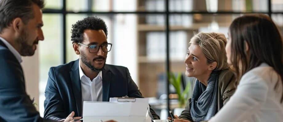 Diverse lawyers consulting with clients in a modern office, representing legal services in Los Angeles
