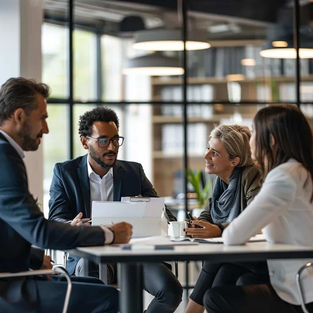 Diverse lawyers consulting with clients in a modern office, representing legal services in Los Angeles