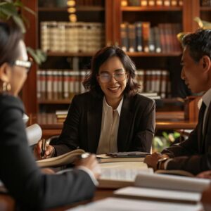 Group of diverse business attorneys collaborating in a professional office setting