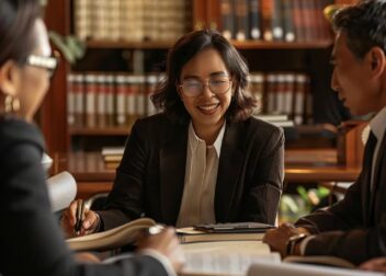 Group of diverse business attorneys collaborating in a professional office setting