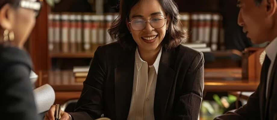 Group of diverse business attorneys collaborating in a professional office setting