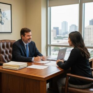 Houston personal injury lawyer consulting with a client in a professional office setting
