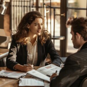 Personal injury lawyer consulting with a client in a modern office, emphasizing trust and professionalism