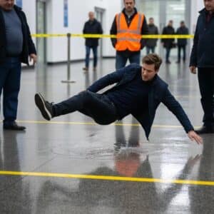 Person slipping on a wet floor, illustrating the risks associated with slip and fall accidents in Texas