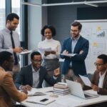 Diverse group of young entrepreneurs collaborating on legal strategies in a modern office