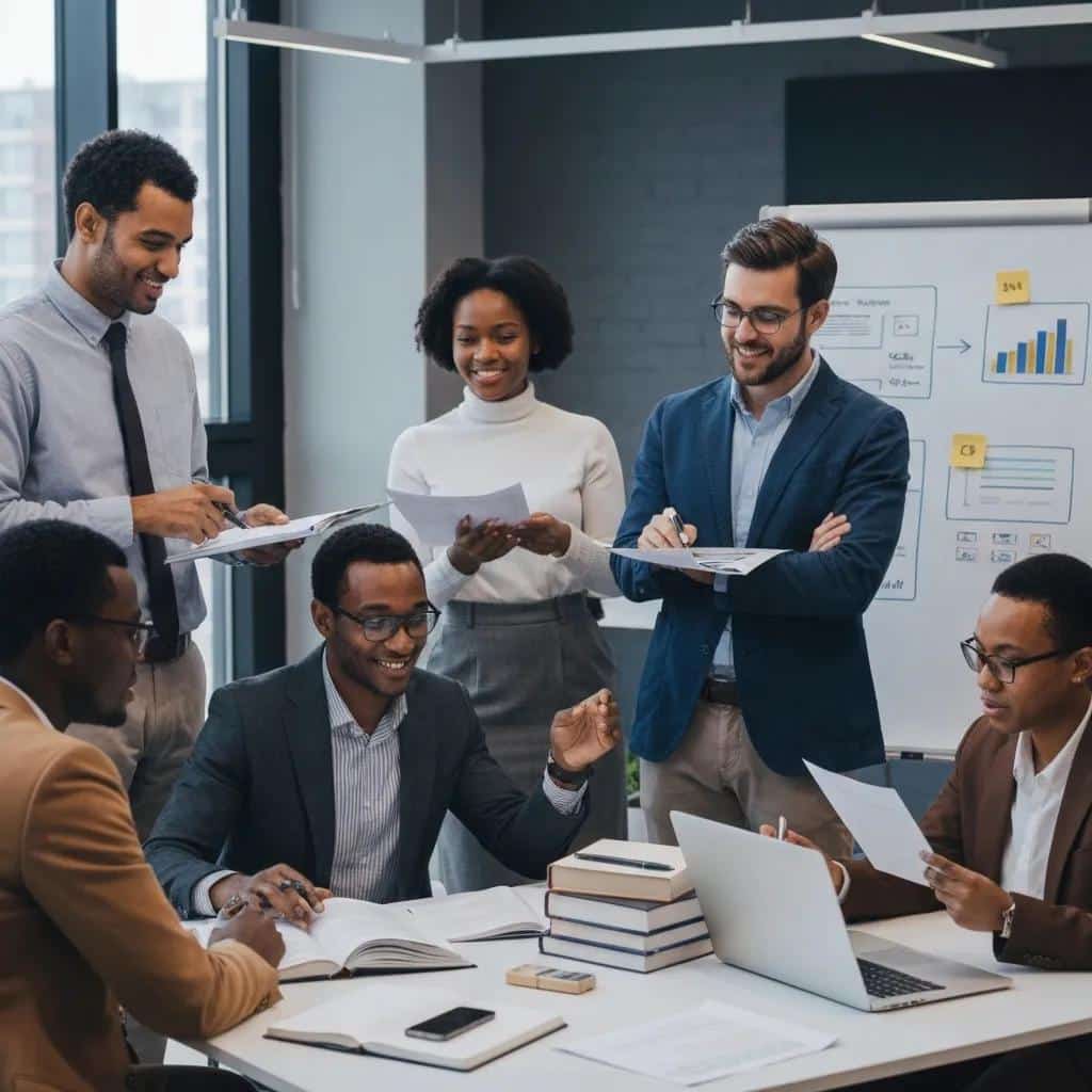 Diverse group of young entrepreneurs collaborating on legal strategies in a modern office