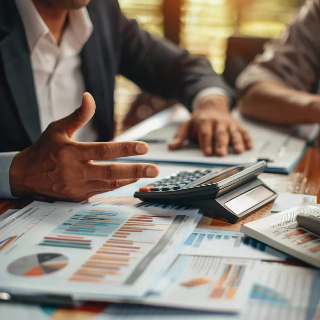 Business attorney explaining fee structures to a client in a professional setting