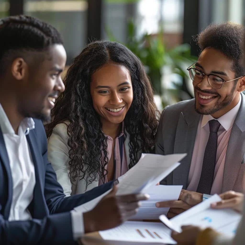 Diverse group consulting with an attorney in a welcoming office, representing affordable legal services in Los Angeles