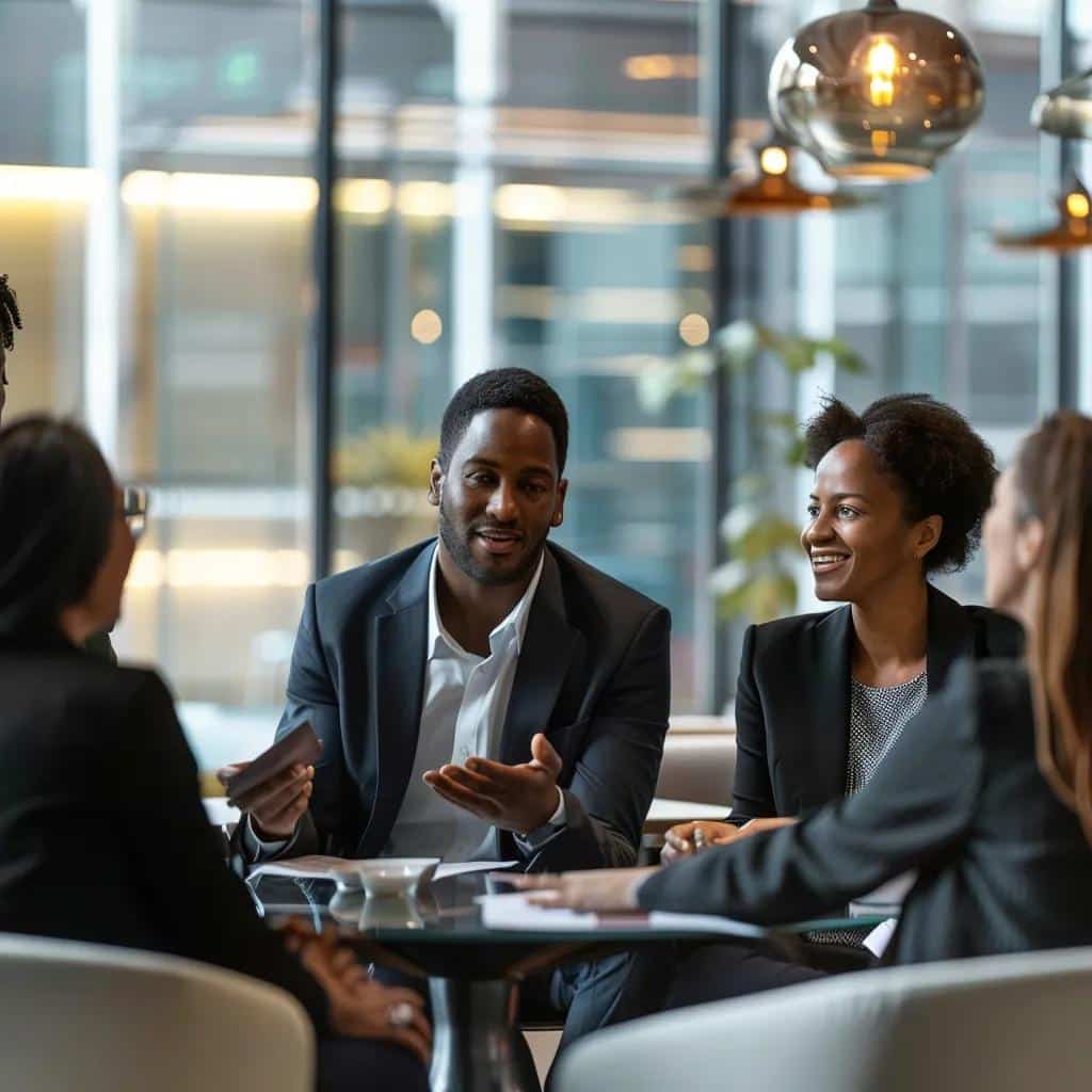 Diverse group discussing legal matters in a modern office, emphasizing trust and professionalism