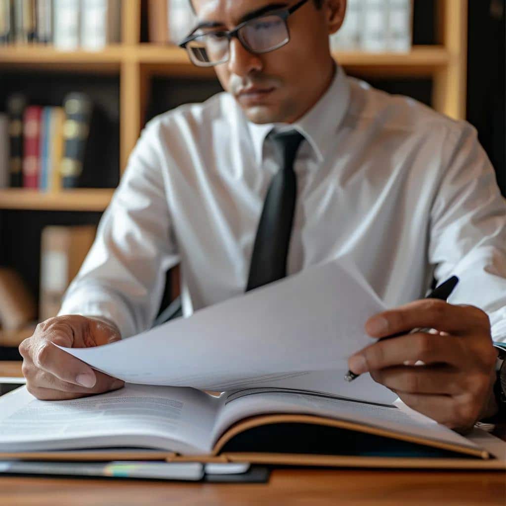 Lawyer reviewing case files and client testimonials, highlighting evaluation criteria for the best law firms in los angeles
