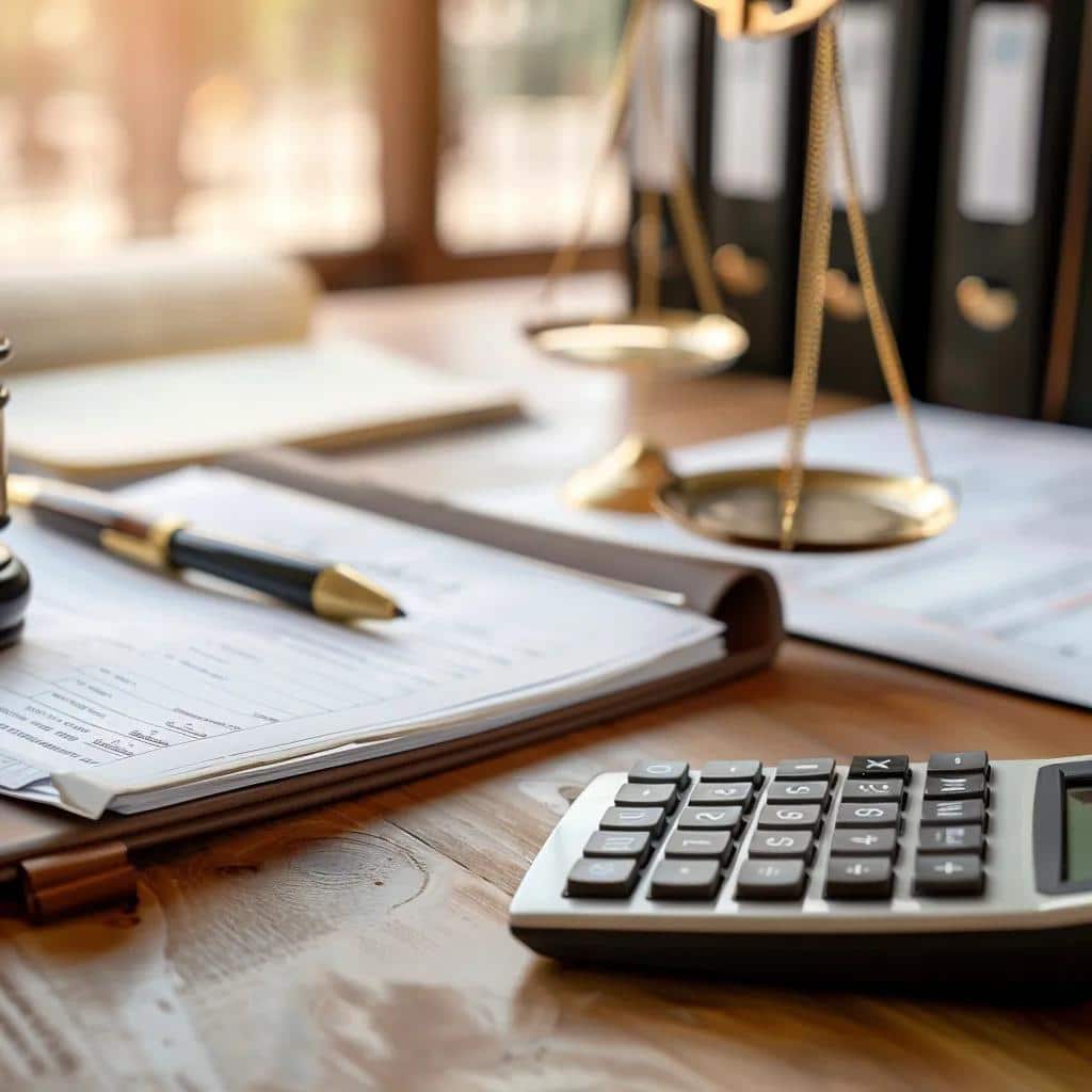 Close-up of a lawyer's desk with legal documents and a calculator, illustrating lawyer costs in LA