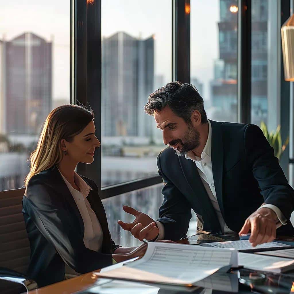 Business attorneys in los angeles discussing legal documents with a client in a modern office