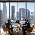 Diverse group of real estate lawyers collaborating in a modern office with Los Angeles skyline view
