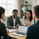 Diverse group discussing legal payment plans in a cozy office setting