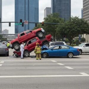 Houston car accident scene with emergency responders assisting individuals