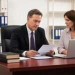 Medical malpractice lawyer consulting with a client in an office setting