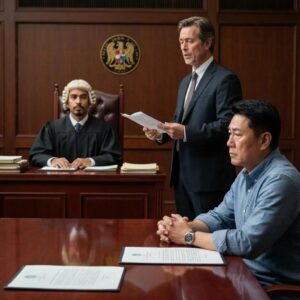 Courtroom scene illustrating a medical malpractice lawsuit with a judge and lawyer