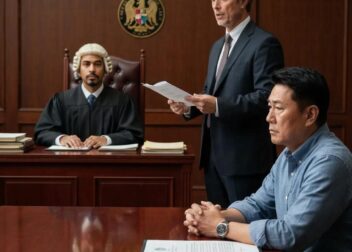 Courtroom scene illustrating a medical malpractice lawsuit with a judge and lawyer