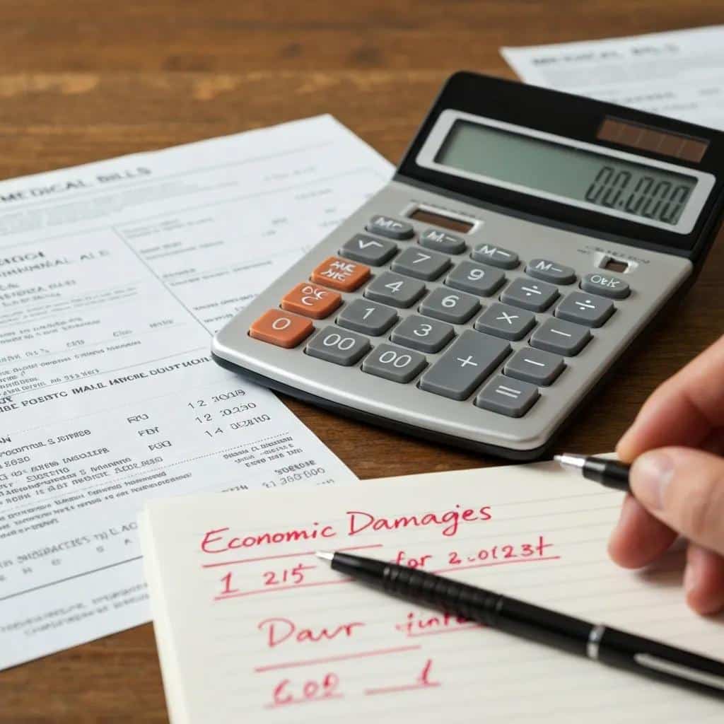 Calculator and medical bills representing Calculating Medical Malpractice Damages