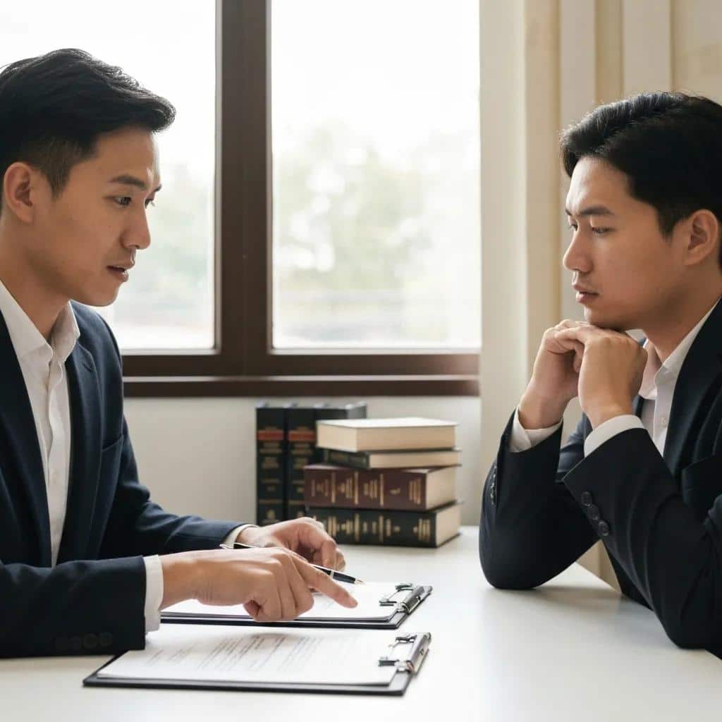 Lawyer discussing a medical malpractice case with a client in an office, emphasizing the legal process