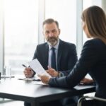 Professional negotiation scene between an individual and an insurance adjuster in a modern office
