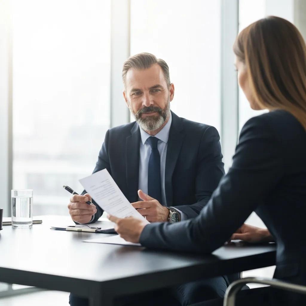 Professional negotiation scene between an individual and an insurance adjuster in a modern office