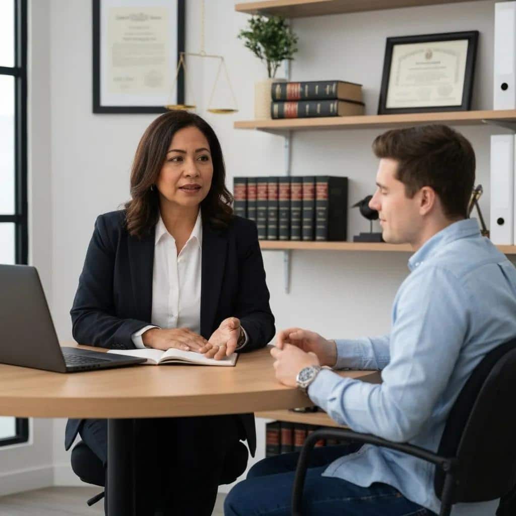 Medical malpractice lawyer consulting with a client in a professional office