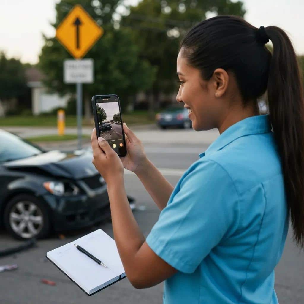 Person documenting a houston car accident injury claim scene with smartphone and notepad