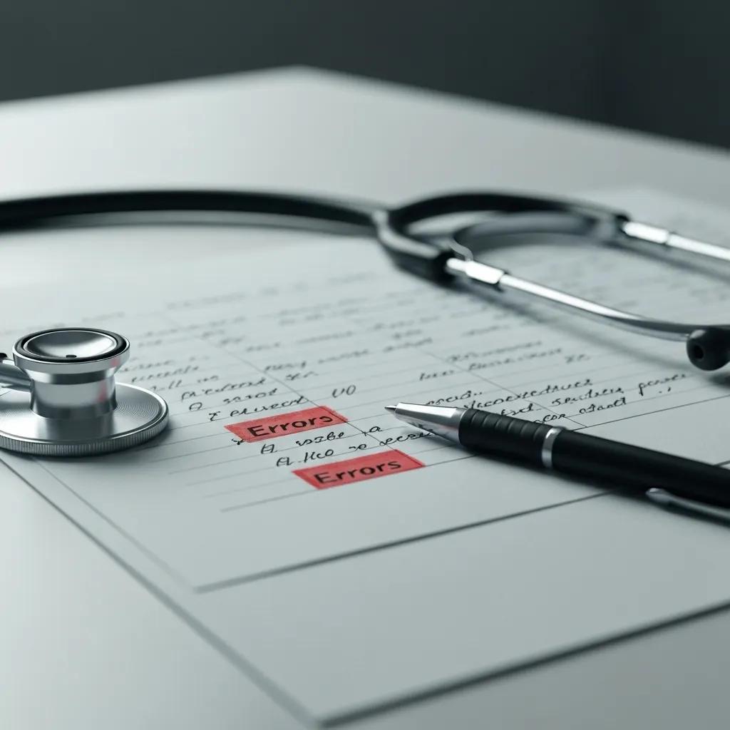 Close-up of a medical chart with highlighted errors, stethoscope, and pen in a doctor's office setting part of understandin medical negligence vs malpractice
