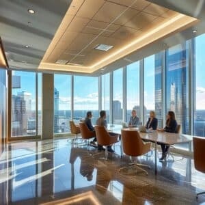 a modern, sleek office interior showcases a group of distinguished personal injury lawyers engaged in a dynamic discussion, with a city skyline visible through large windows, highlighting their expertise and professionalism in houston, tx.