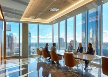 a modern, sleek office interior showcases a group of distinguished personal injury lawyers engaged in a dynamic discussion, with a city skyline visible through large windows, highlighting their expertise and professionalism in houston, tx.