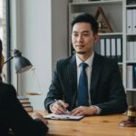 Medical malpractice lawyer consulting with a client in a professional office setting