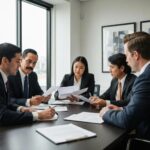 Diverse group of Los Angeles lawyers discussing legal fees in a modern office