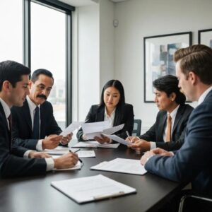 Diverse group of Los Angeles lawyers discussing legal fees in a modern office