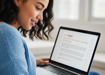 Client reading a positive testimonial about Utah legal services on a laptop