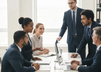 Diverse group of lawyers discussing legal options with clients in a modern office representing the best lawyer in Utah