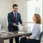 Immigration lawyers in Utah assisting a client with legal paperwork in a modern office